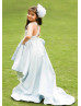 Beaded Blue Satin Cross Back High Low Flower Girl Dress